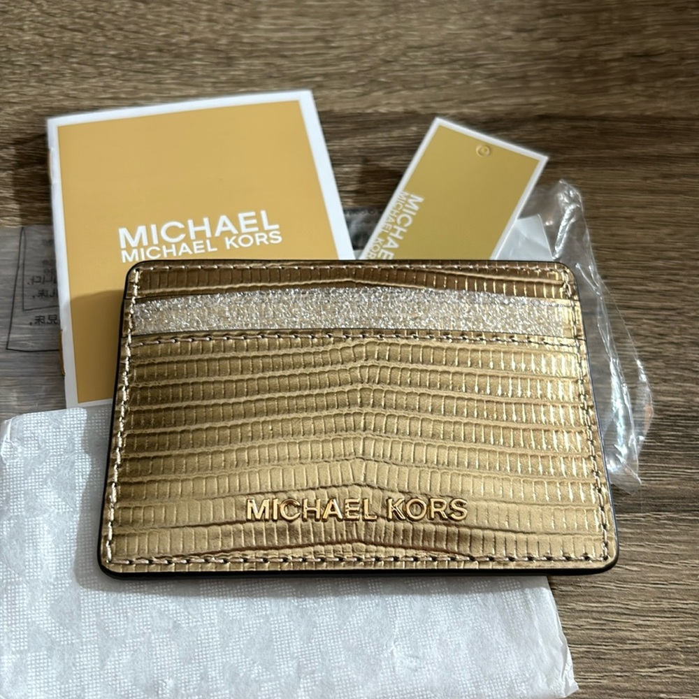 MK Card Case Lizard Leather Pale Gold NWT